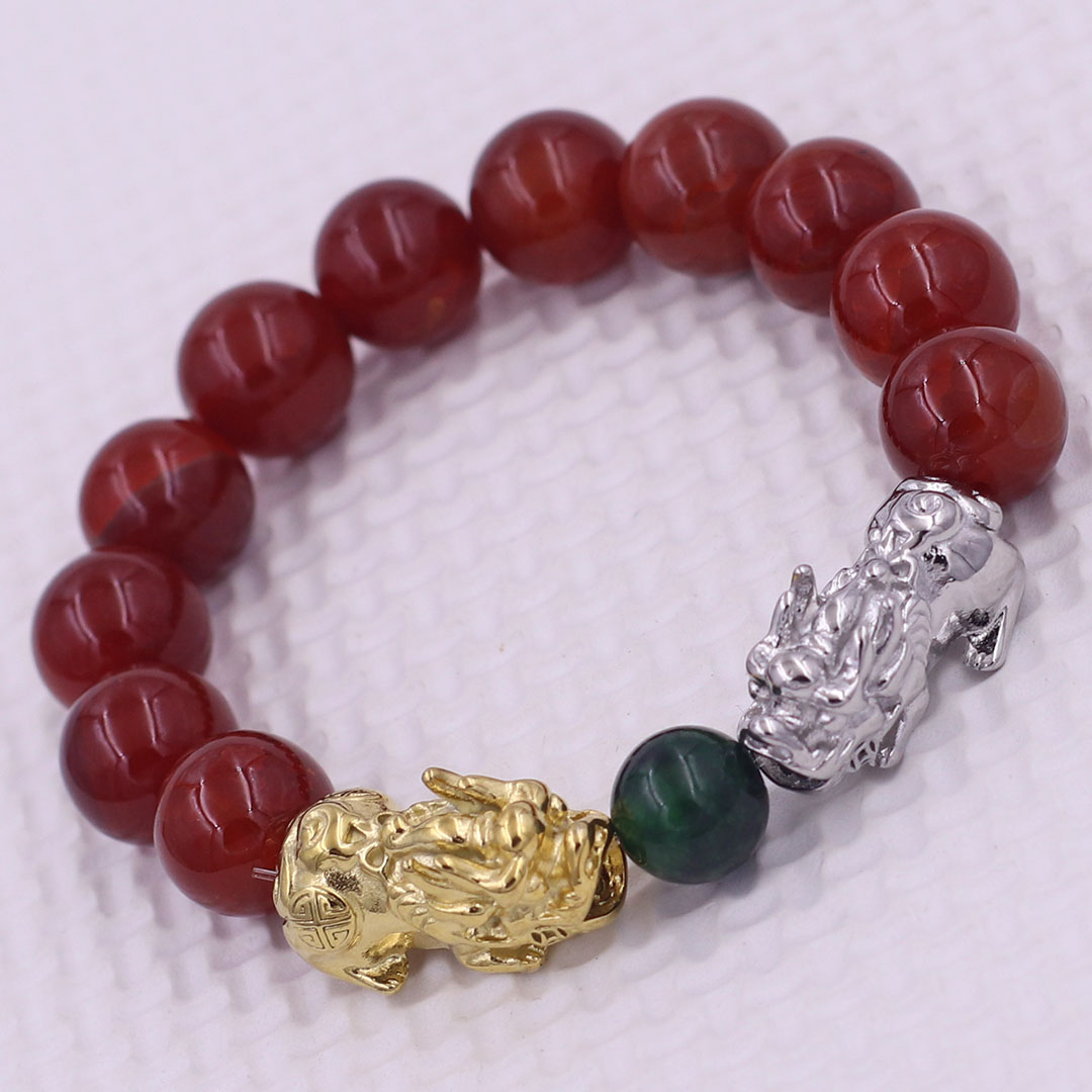Vòng chuỗi đeo tay mã não vân rạn đỏ 12 ly charm tỳ hưu đôi inox trắng và vàng, vòng chuỗi phong thủy, charm tỳ hưu, vòng tay hạt chuỗi