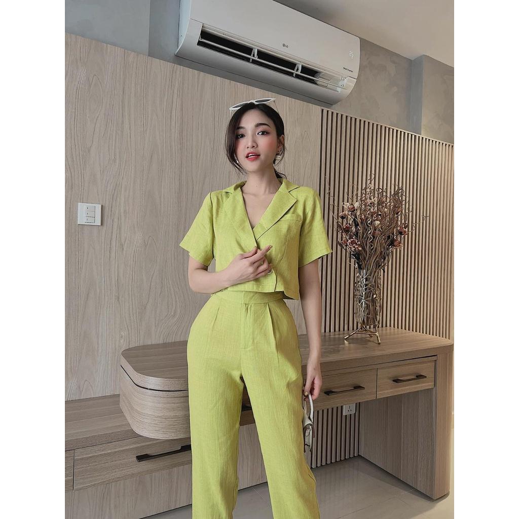 Sét vest nữ ngắn tay phối quần dài 4 màu sắc (Xanh lá, Nõn chuối, Nâu, Hồng) sang chảnh dạo phố, công sở