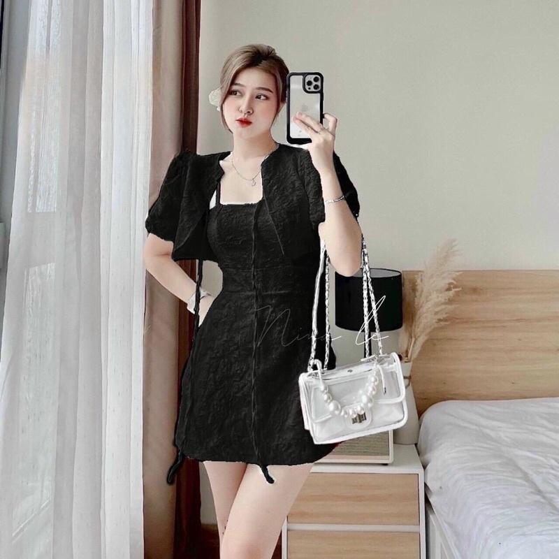 VÁY GẤM 2 DÂY PHỐI ÁO KHOÁC CROPTOP CỘT DÂY THIẾT KẾ SANG TRỌNG TINH TẾ
