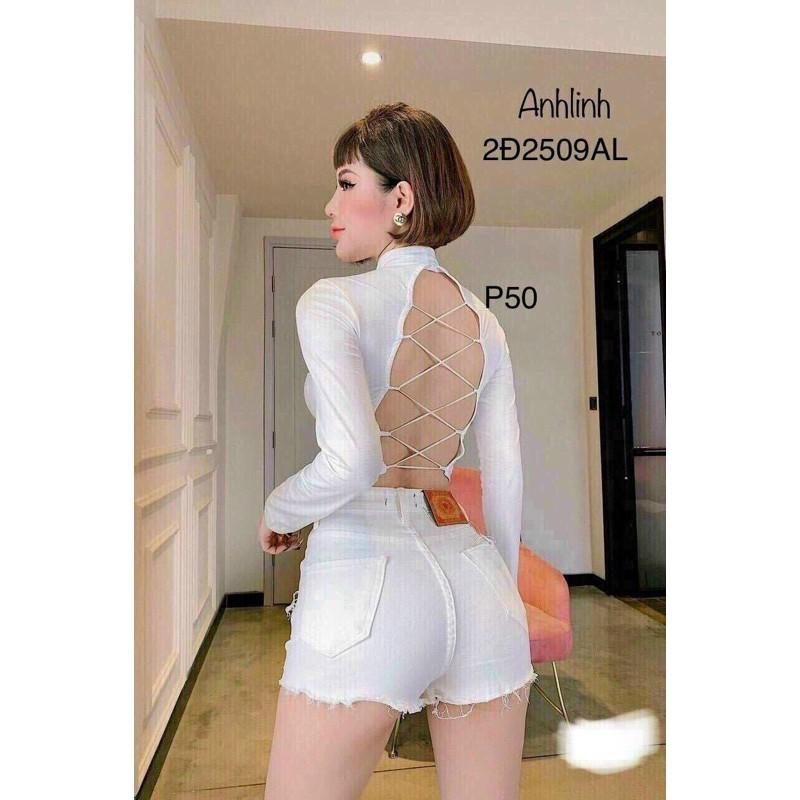 Áo croptop tay dài cổ cao đan dây lưng