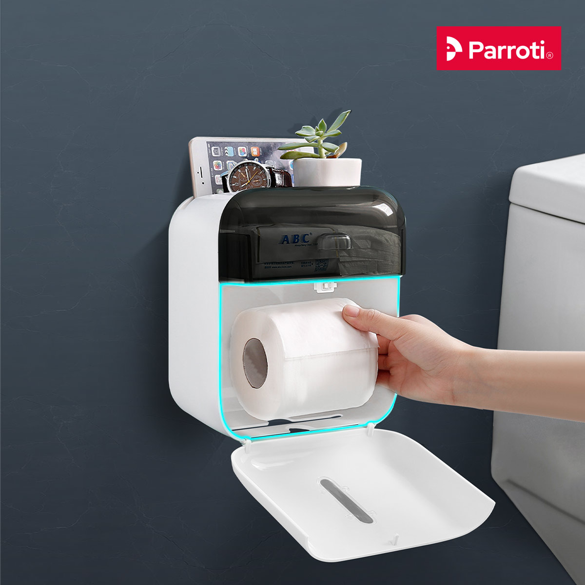 Hộp đựng giấy vệ sinh cao cấp, có khay để điện thoại, có khay để đồ cá nhân - Parroti Rebox - RB01