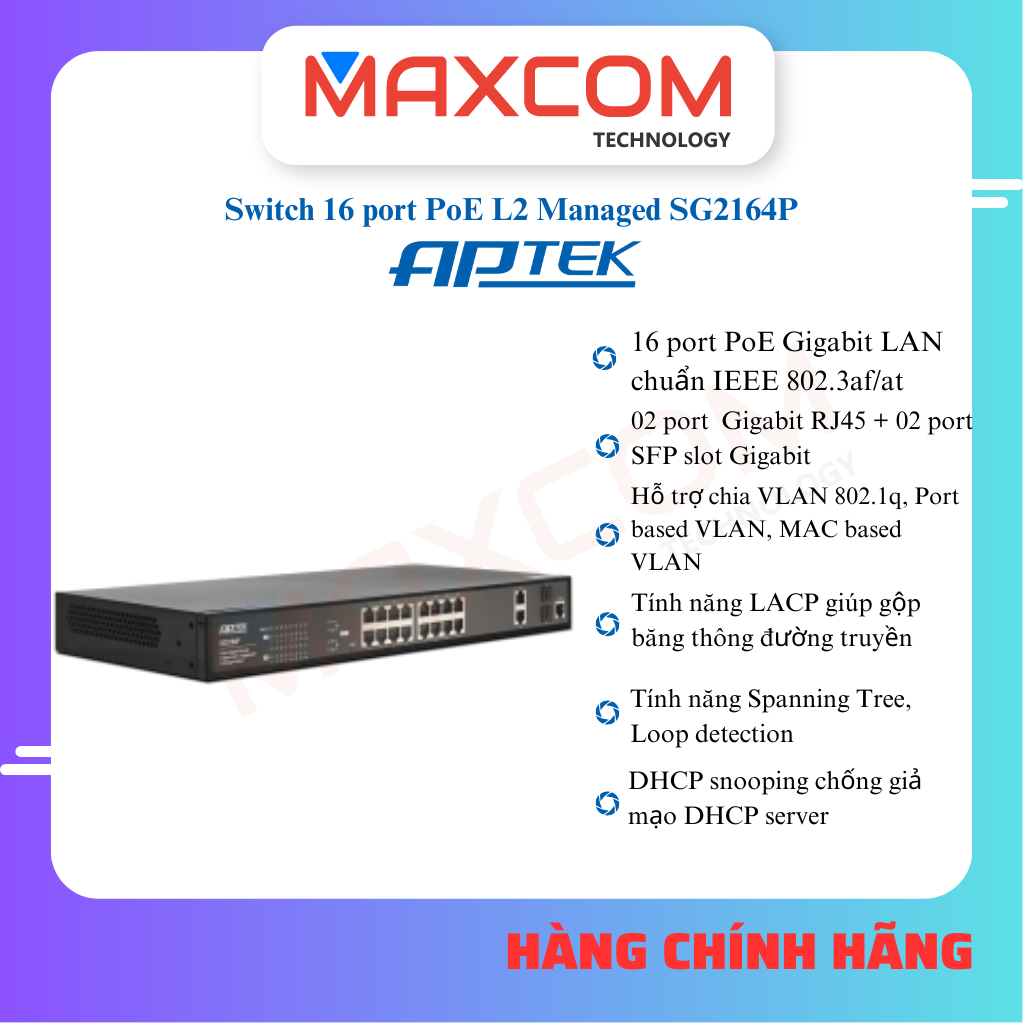 Switch APTEK SG2164P 16 Port POE L2 Managed - Hàng chính hãng