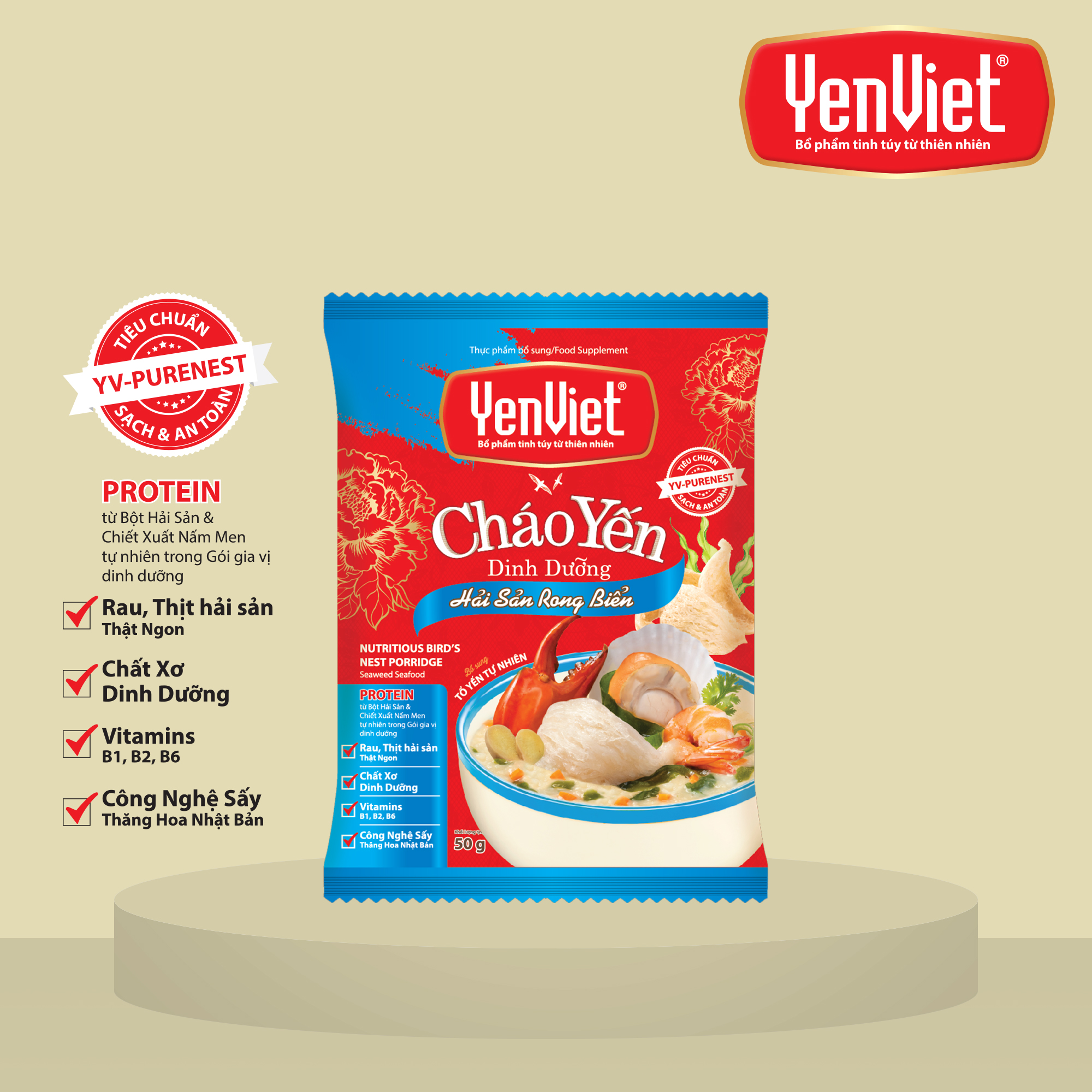 Yến Việt - Cháo yến dinh dưỡng hải sản rong biển sấy thăng hoa, bổ sung vitamin B, không bột ngọt, thùng 30 gói x 50g