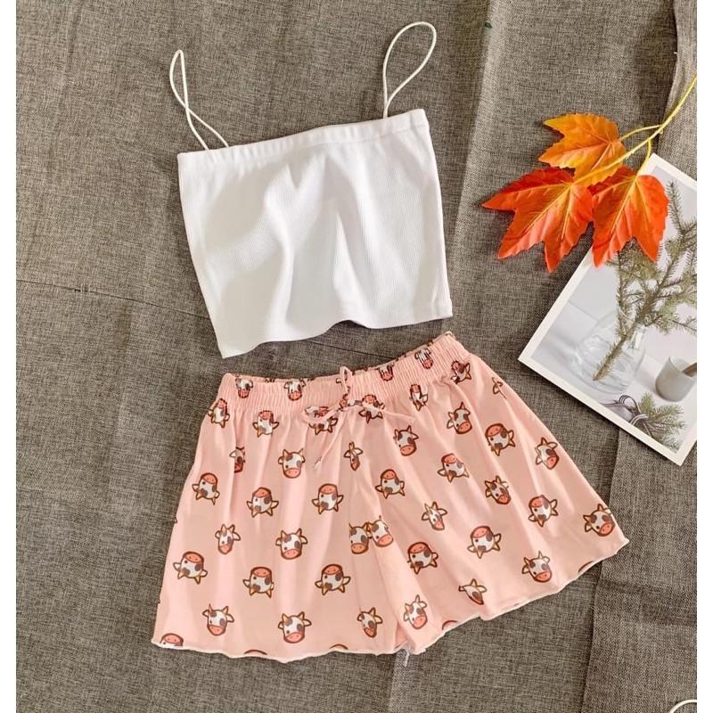 Quần short thun xòe nhiều hìn cạp chun, Quần ngủ vải cotton mịn mát co giãn