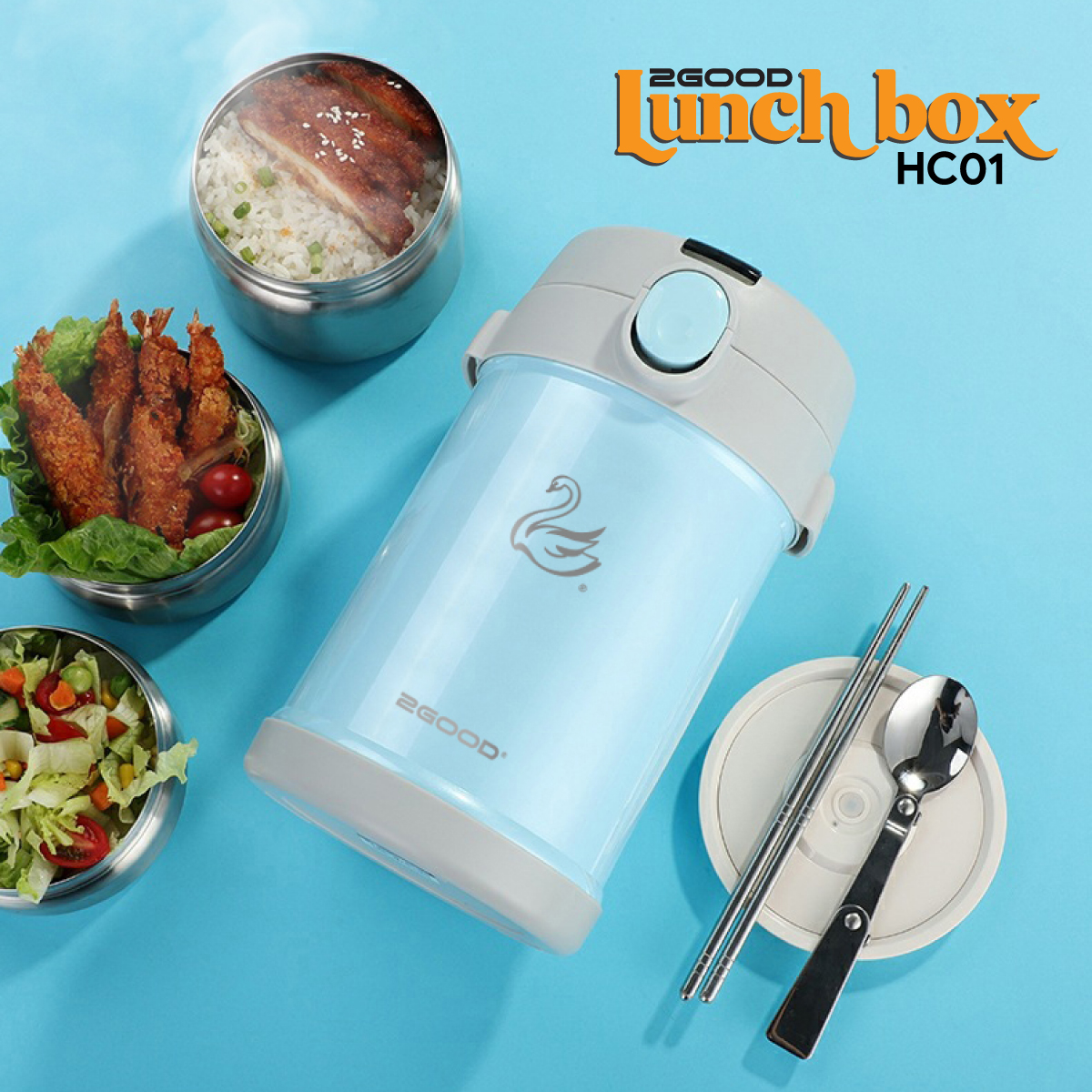 Bộ Hộp Cơm Giữ Nhiệt 2GOOD Lunch Box HC01 (2000ml) - Kèm Muỗng và Đũa Inox 304