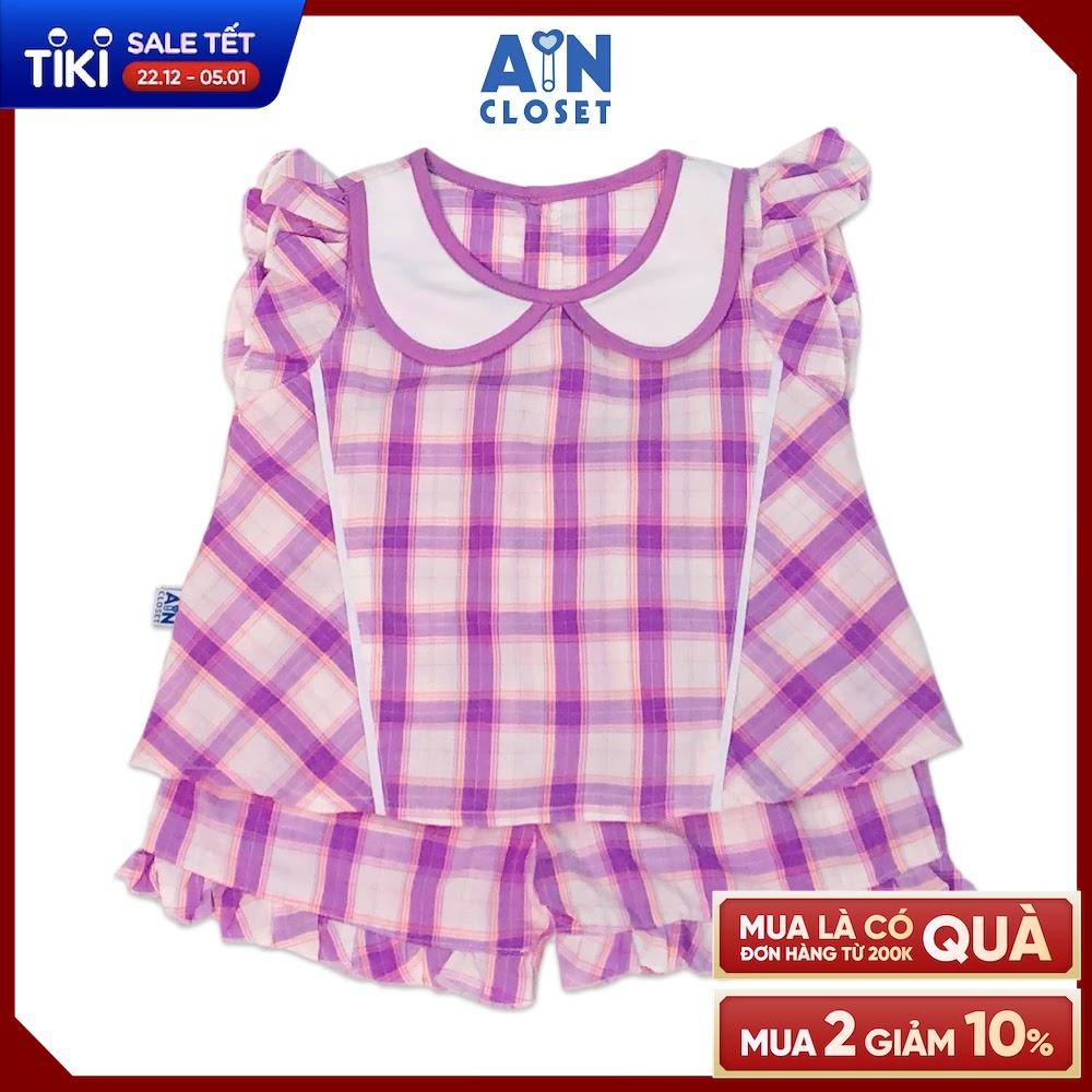 Bộ quần áo dài bé gái họa tiết Caro tím trắng cotton - AICDBGRZQ5DV - AIN Closet