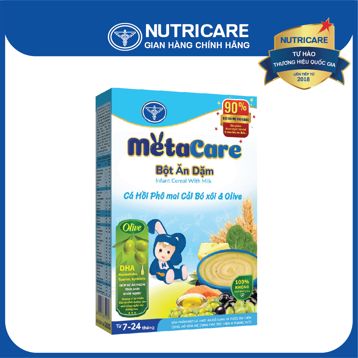 Bột ăn dặm Nutricare Metacare Cá hồi phô mai cải bó xôi &amp; olive 200g