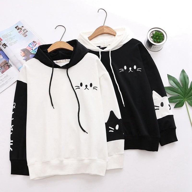 Áo khoác nỉ tay dài in hình mèo con có nón phía sau || Hany Shop