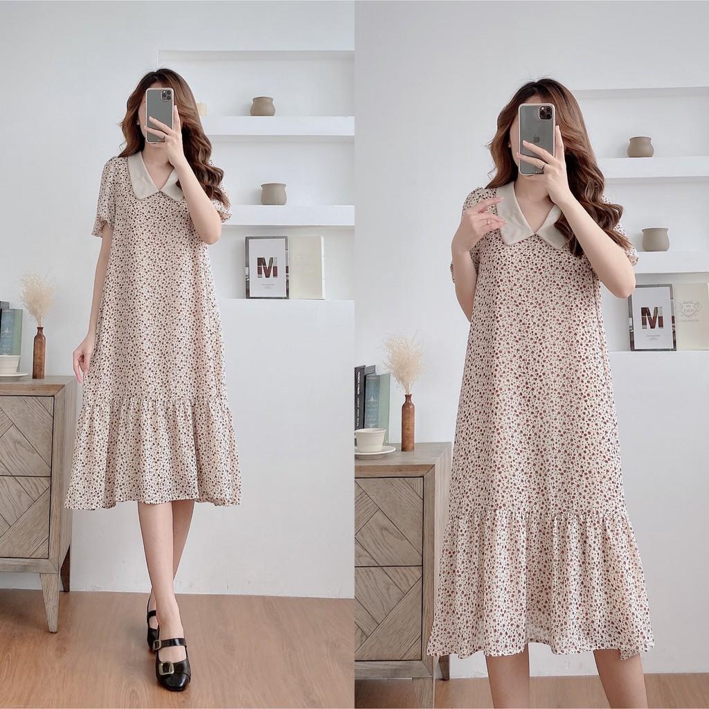 Váy suông hoa nhí phối cổ sen, đầm xuông rộng đuôi cá 3 màu mã V157 - Michi's House