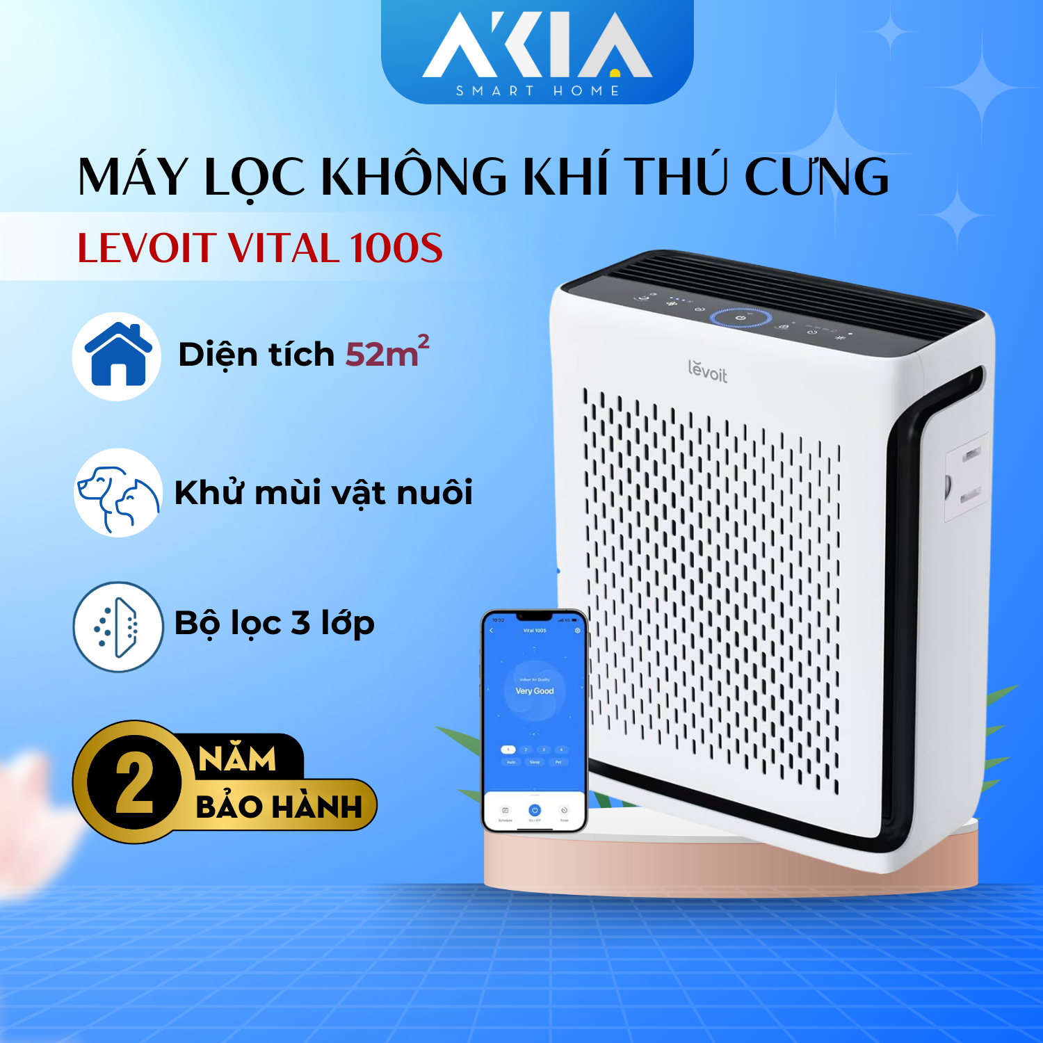 Máy Lọc Không Khí Levoit Vital 100S - Diện tích 52m2, Hút Lông Thú Cưng Cực Mạnh - Hàng chính hãng