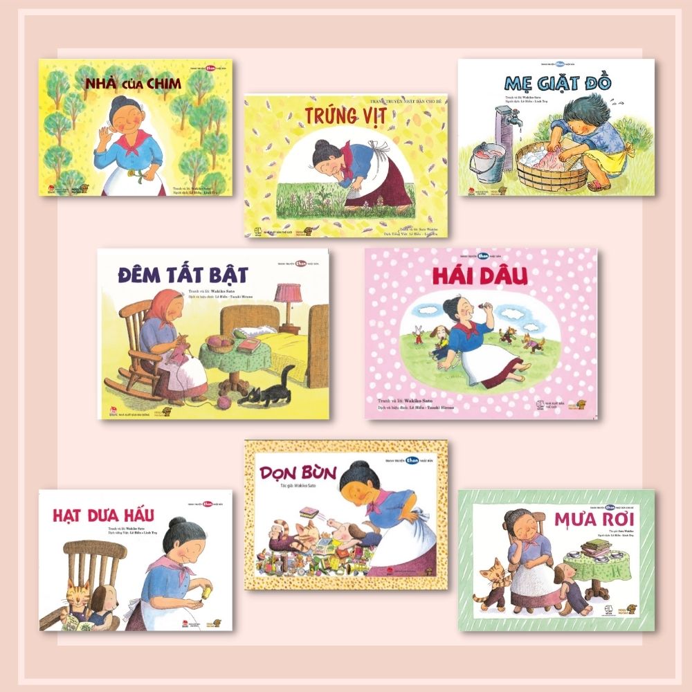 Series &quot;BÉ VÀ BÀ BABA&quot; - Series 8 cuốn tranh truyện Ehon Nhật Bản kích thích khả năng tư duy giúp bé xử lý tình huống linh hoạt. Bao gồm: Hái dâu, Đêm tất bật, Nhà của chim, Mẹ giặt đồ, Hạt dưa hấu, Mưa rơi, Dọn bùn, Trứng Vịt