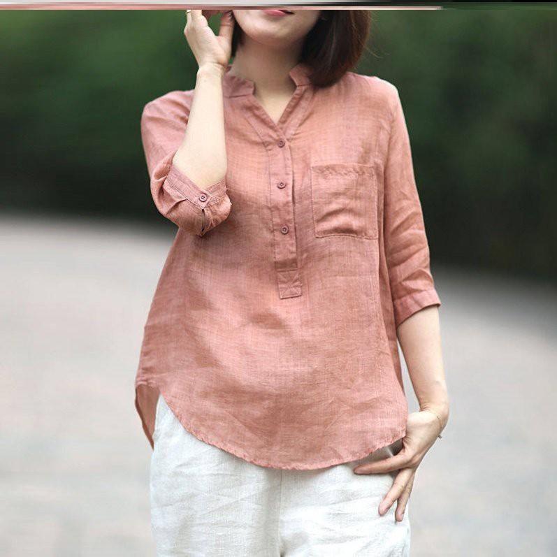 Áo sơ mi cổ trụ tay lỡ dáng xuông thời trang Hàn Quốc