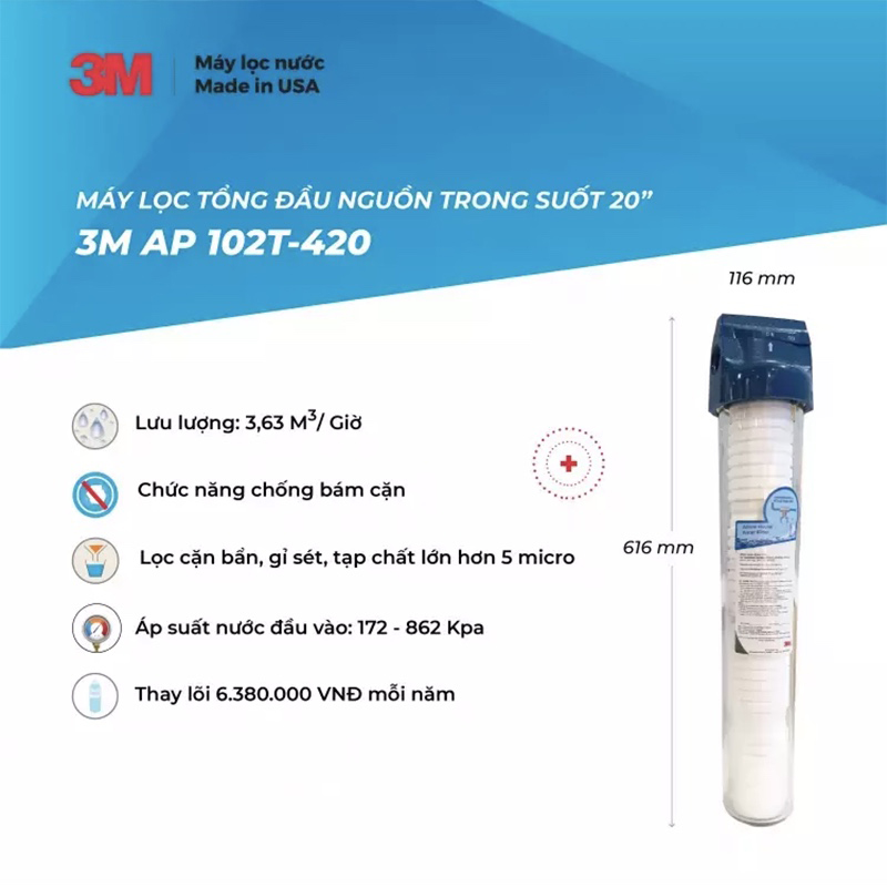 Máy Lọc Nước Tổng 3M AP102T-420 Không Điện Không Nước Thải, Nước Sạch Sinh Hoạt Chuẩn Mỹ - Hàng Chính Hãng 3M, Nhập Khẩu Mỹ