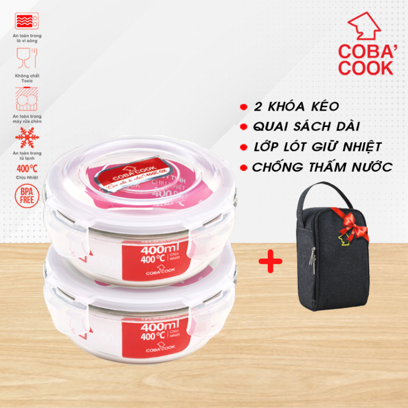 Bộ 2 hộp đựng cơm thực phẩm trữ thức ăn thủy tinh chịu nhiệt COBA'COOK  hộp tròn 400ml TẶNG 1 túi giữ nhiệt đựng vừa 3 hộp-CCR42BL