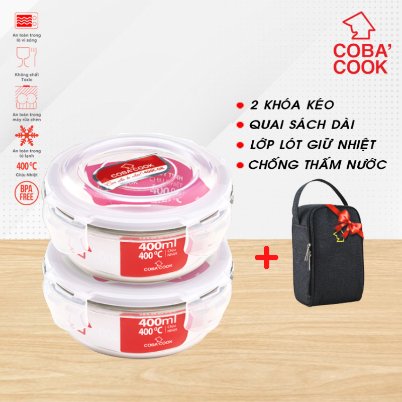 Hình ảnh Bộ 2 hộp đựng cơm thực phẩm trữ thức ăn thủy tinh chịu nhiệt COBA'COOK  hộp tròn 400ml TẶNG 1 túi giữ nhiệt đựng vừa 3 hộp-CCR42BL