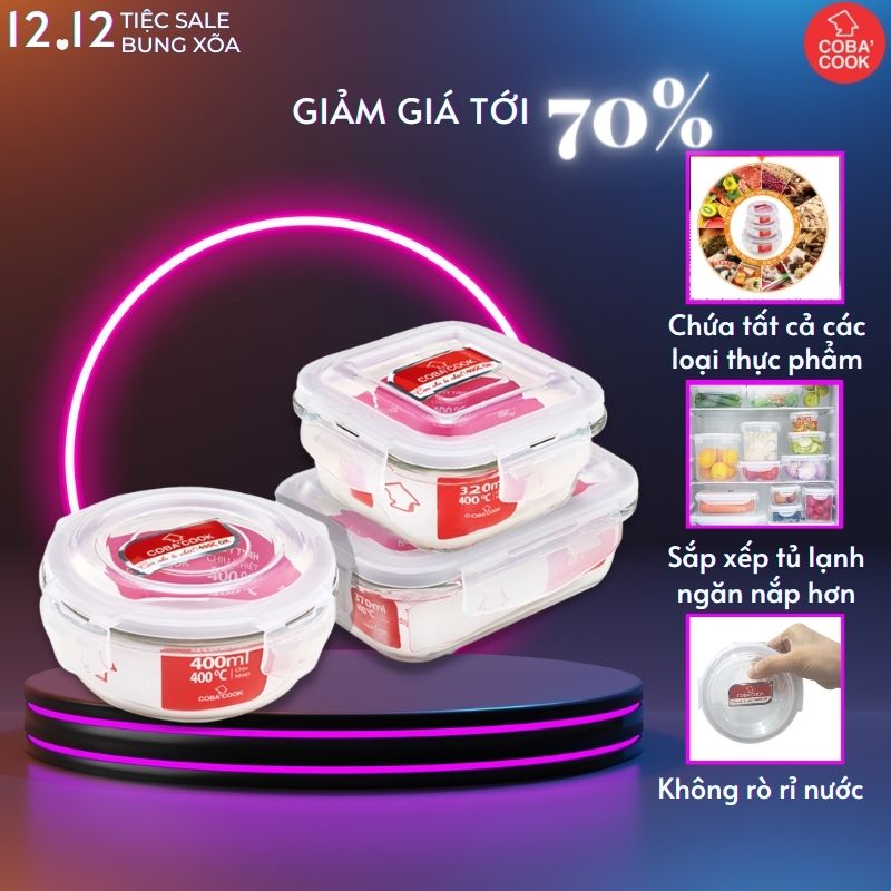 Bộ 3 hộp trữ thức ăn thủy tinh chịu nhiệt Gồm: 1 hộp vuông 320ml +1 hộp chữ nhật 370ml +1 hộp tròn 400ml-CCR4L3S33