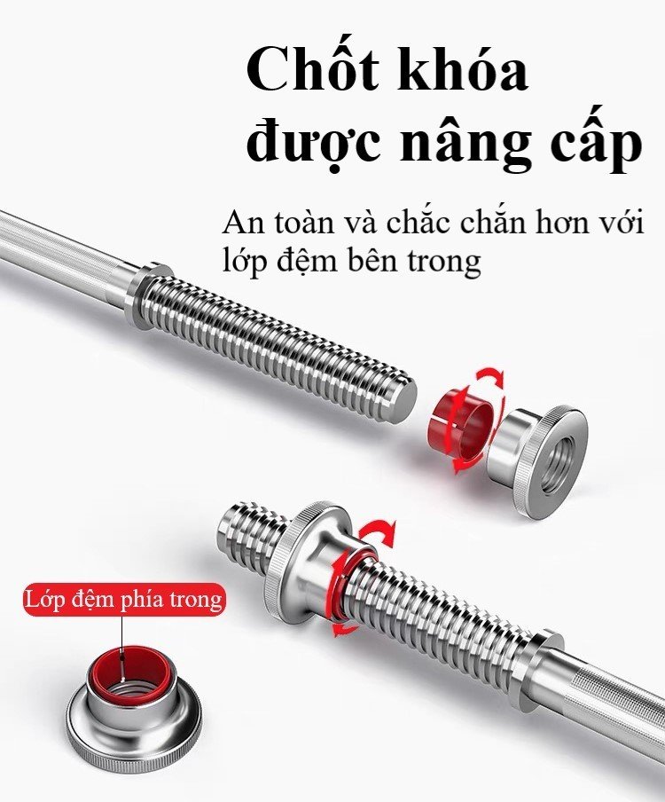 Thanh đòn tạ thẳng, chất liệu thép mạ inox 1.2m hoặc 1.5m + 2 chốt khóa (phi 25)