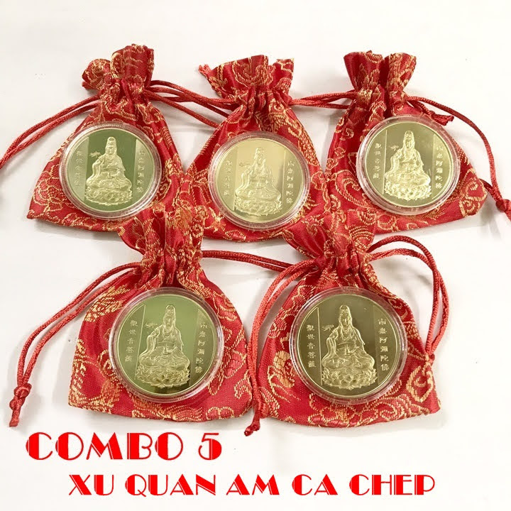 Combo 5 xu Quan Âm màu vàng Cá Chép tặng kèm túi gấm (giao màu ngẫu nhiên), dùng để làm quà tặng, biếu, xỏ lỗ đeo dây hoặc bỏ vào túi mang theo - SP005127