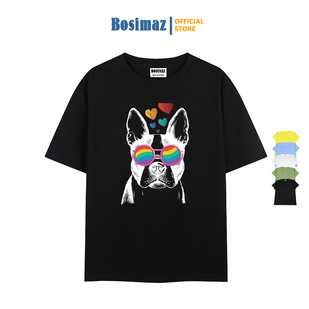 Áo thun Unisex Bosimaz TS017 cổ tròn tay lỡ phom rộng in hình chó, thun contton 100%, vải đẹp dày, thoáng mát không xù lông.