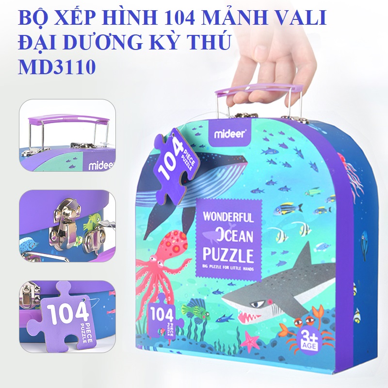 Bộ xếp hình 104 mảnh mẫu Vali mới nhất Khám Phá Đại Dương chính hãng Mideer WONDERFUL OCEAN Puzzle