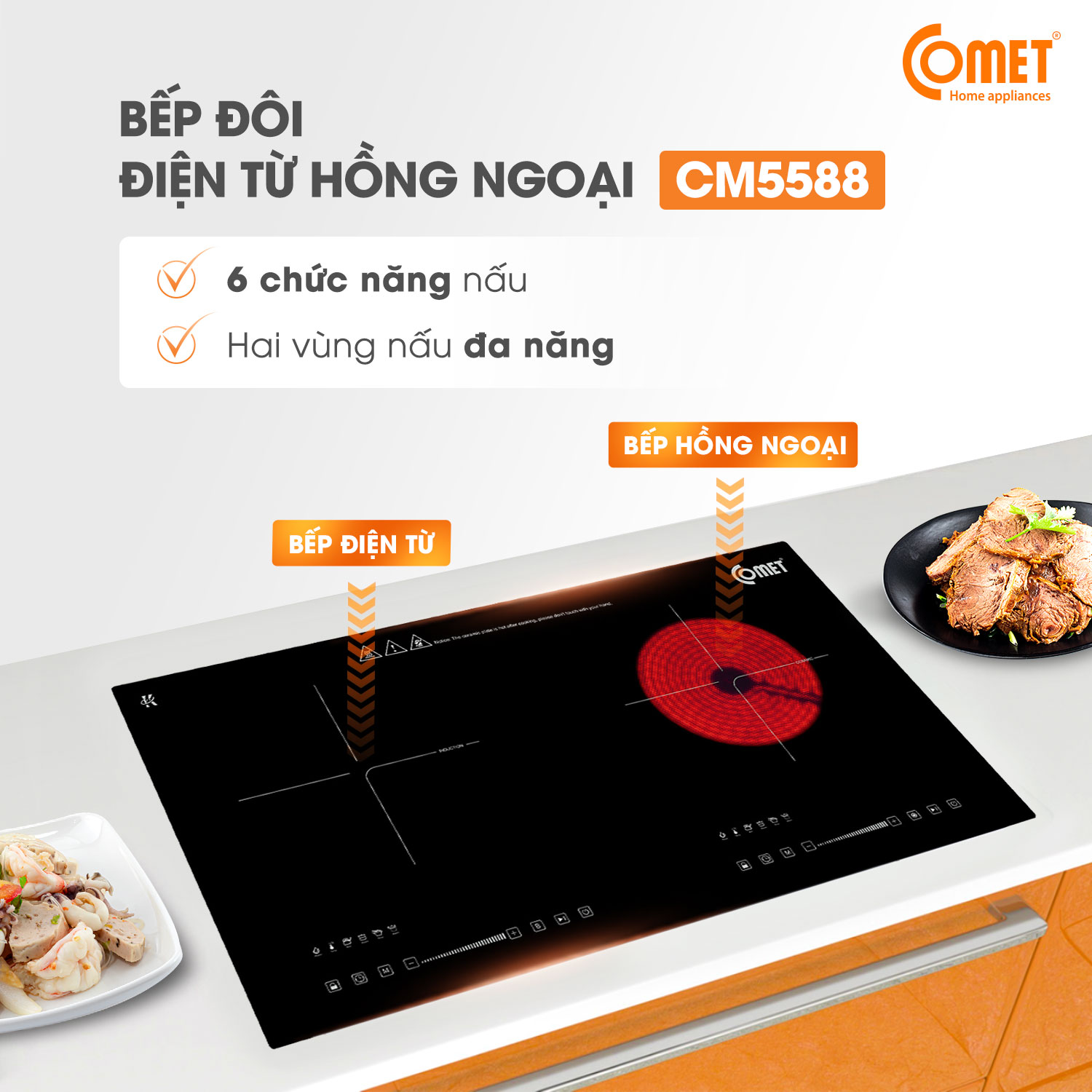 Bếp đôi hồng ngoại - điện từ 2000W COMET - CM5588 - Hàng Chính Hãng