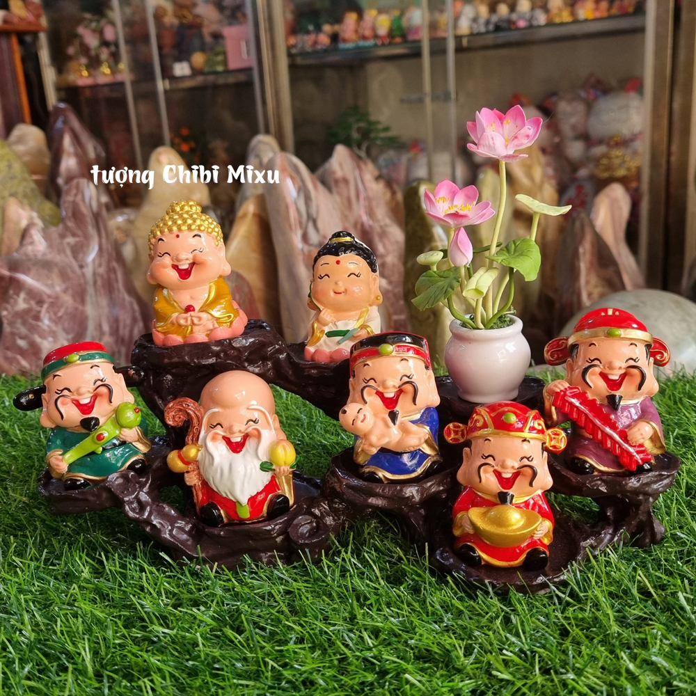 Bộ tượng Ngũ Phúc kèm tượng Phật Tổ + Quan Âm + chậu hoa sen + đế y hình
