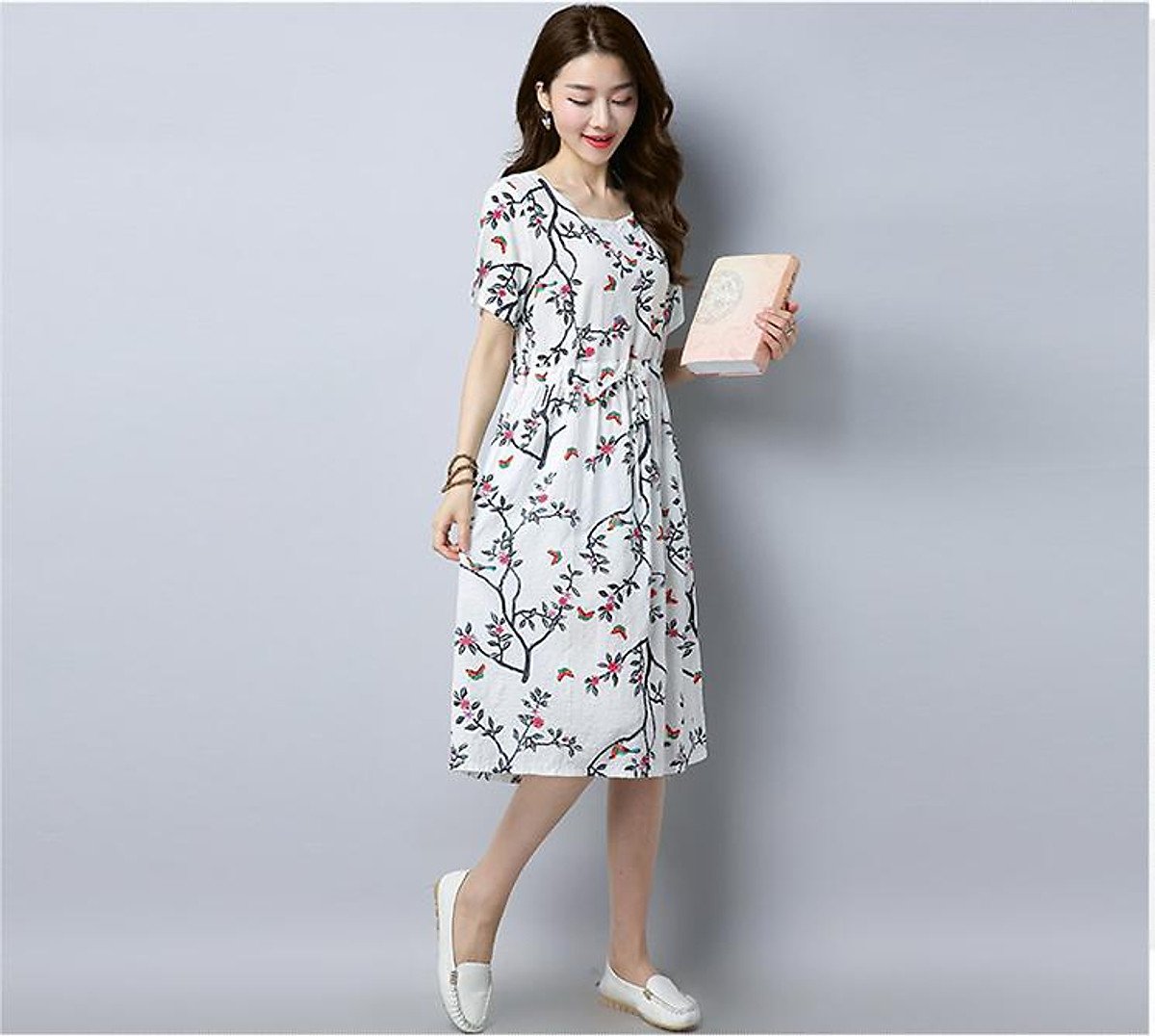 Hình ảnh Váy đầm nữ Đũi Việt thiết kế dáng rộng có dây thắt eo Dv94