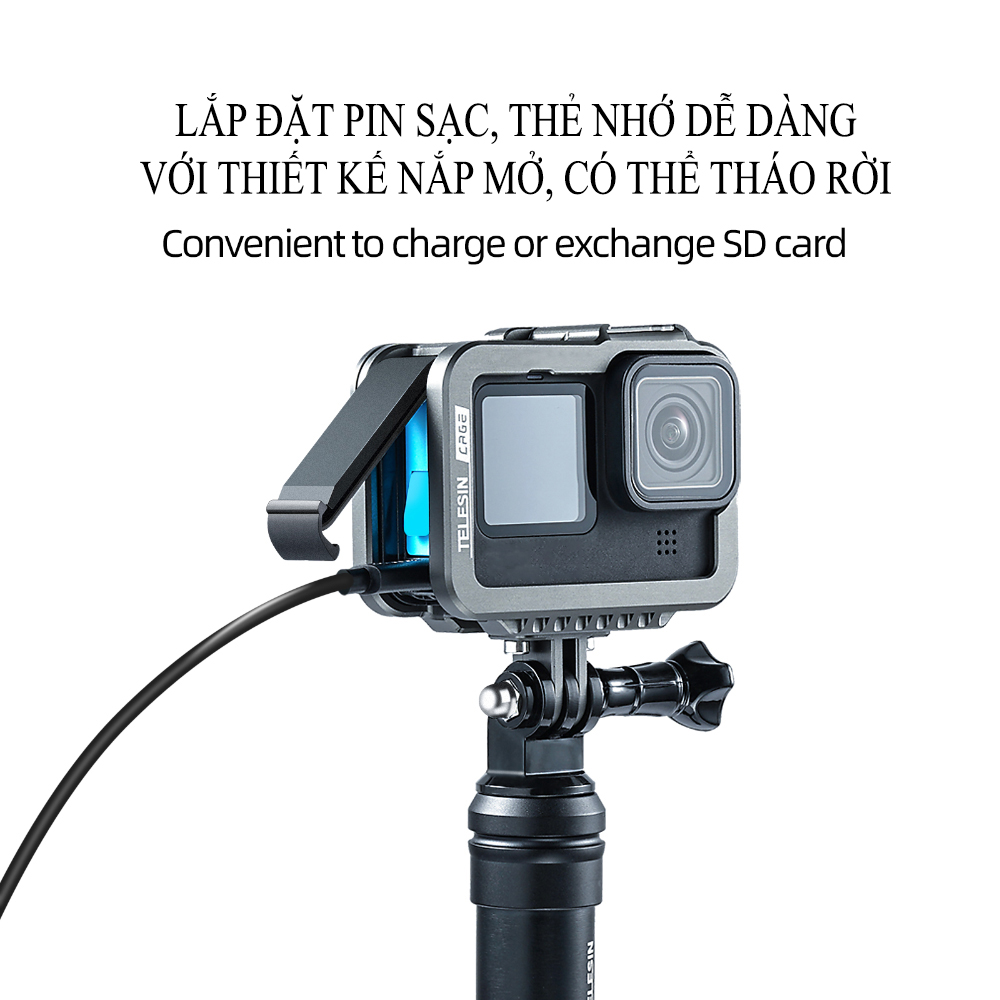 Vỏ Case Telesin GoPro 9 Hợp Kim Nhôm - Bảo Vệ GoPro 9 Chống Va Đập Gắn Thêm Được Nhiều Phụ Kiện GoPro Như Chân Máy, Đèn Flash, Micro, Nắp Pin (Hàng Chính Hãng)