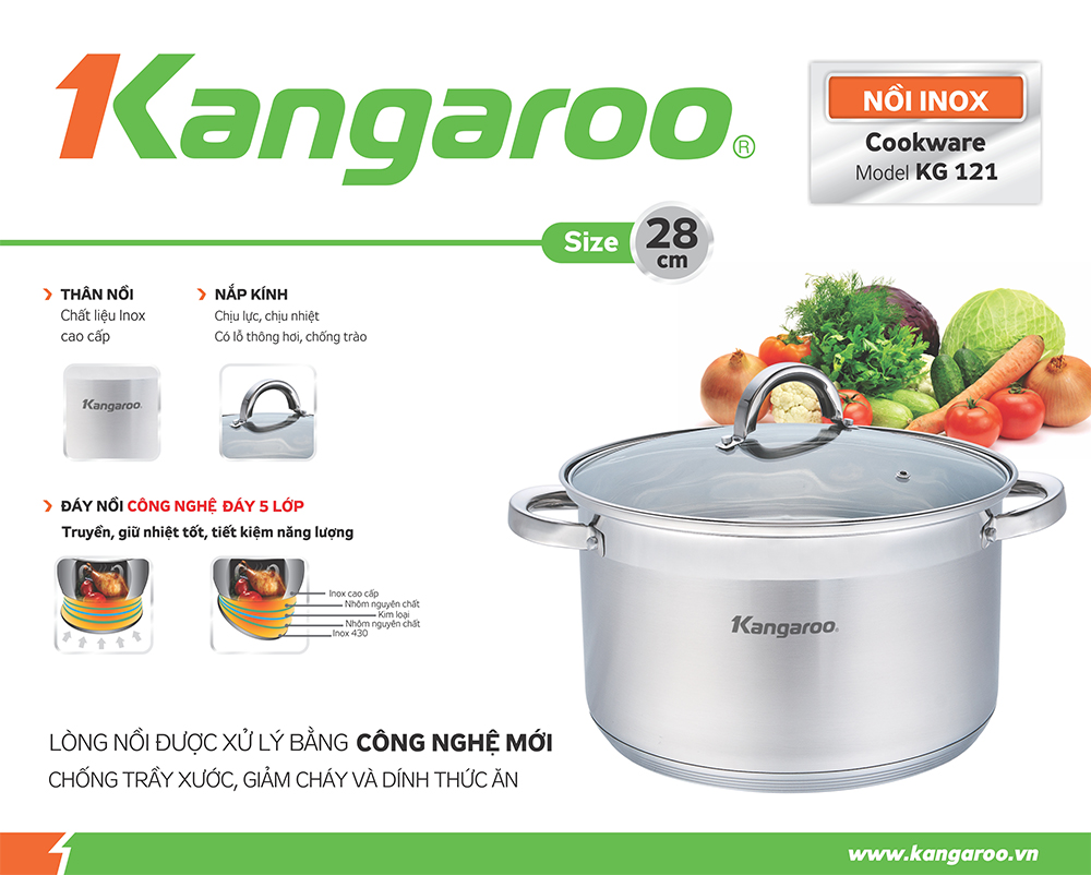 Nồi inox vung kính cao cấp 5 lớp Kangaroo KG121 size 28cm - Hàng chính hãng