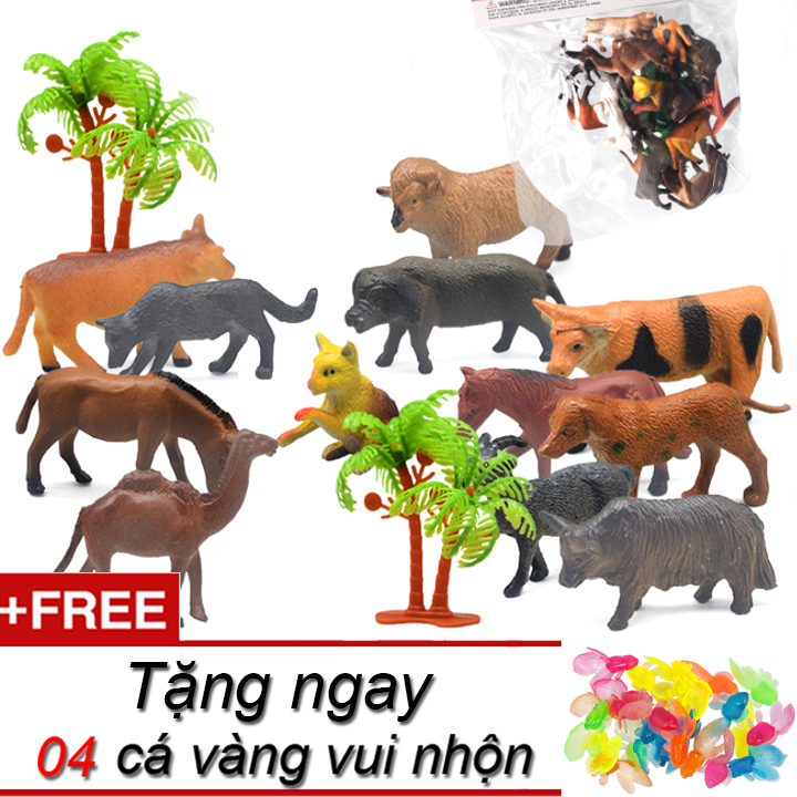 Bộ 12 đồ chơi mô hình động vật thú nuôi trong trang trại A132 New4all Farm Land Animal tặng kèm 04 cá cảnh dễ thương