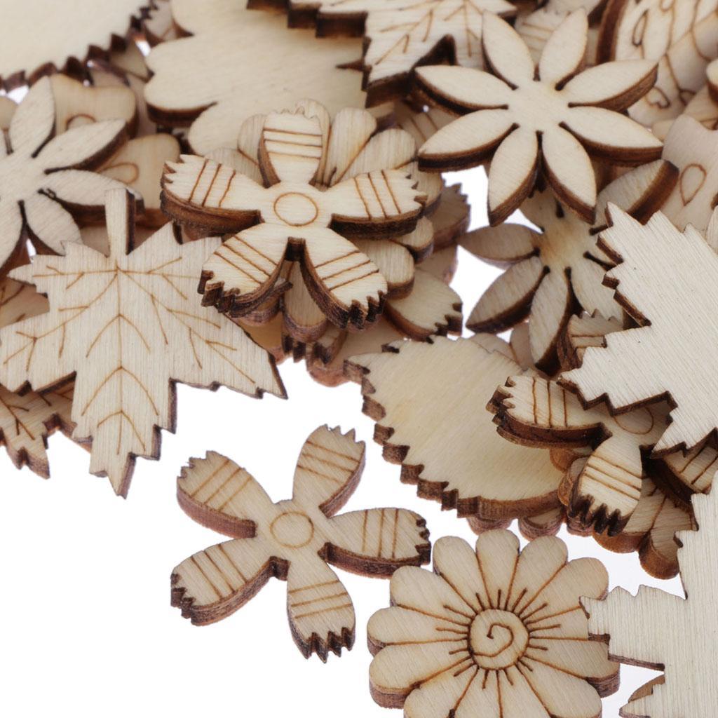 100Pcs Flower and Leaf Shapes Blank Wood Heart Embellishments Wood Birds Slices for Wedding, Valentine, DIY, Arts, Crafts, Card Making