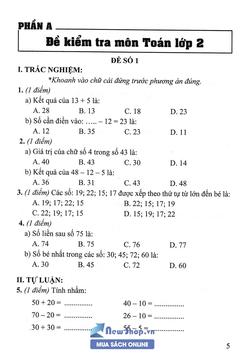 Bộ Đề Kiểm Tra Môn Toán Lớp 2