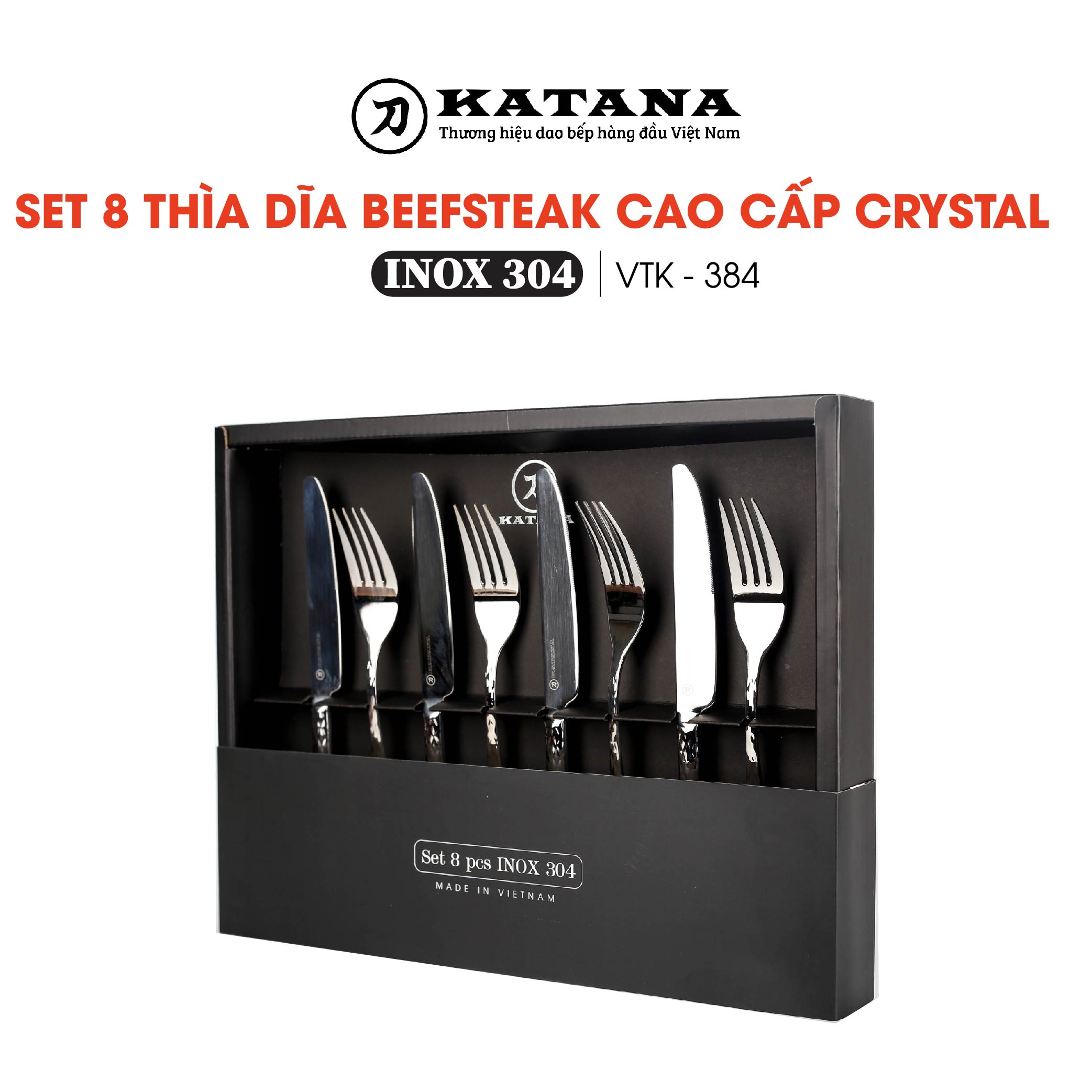 Set 8 dao dĩa beefsteak cao cấp quả trám Crystal VTK384