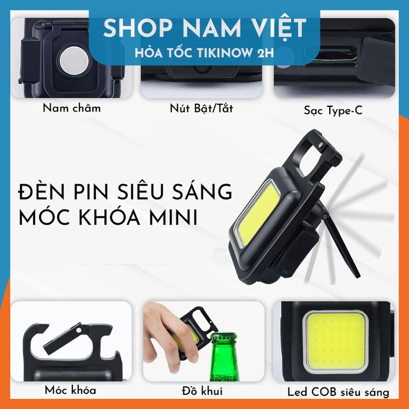 Đèn Pin Móc Khóa Led COB Siêu Sáng Chống Nước, Kiêm Đồ Khui