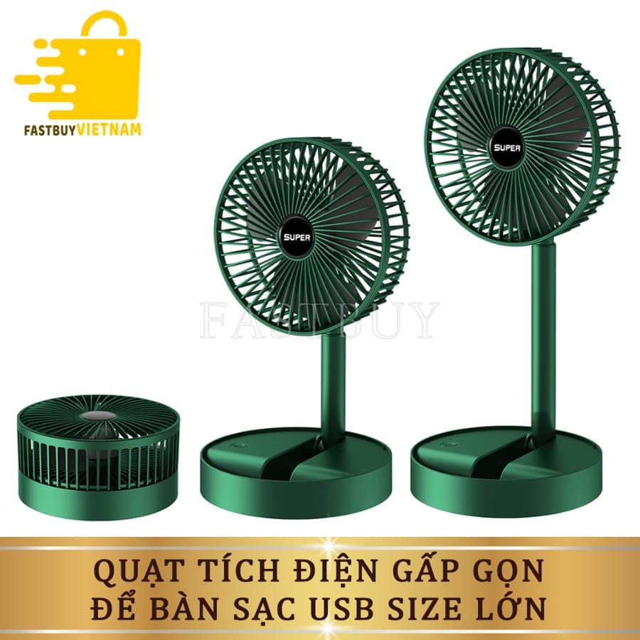 Quạt Tích Điện Để Bàn Gấp Gọn-3 Tốc Độ Gió, Có Thể Điều Chỉnh Độ Cao, Xoay 180 Độ, Cổng Sạc USB