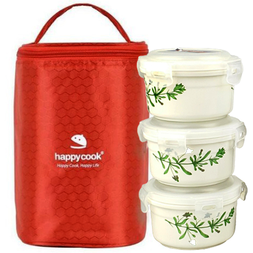 Hộp Cơm Sứ 3 Tầng Tròn Happycook Tặng Túi Đựng Giữ Nhiệt Cao Cấp -Màu Túi Ngẫu Nhiên-Hàng Chính Hãng- HCC-03C