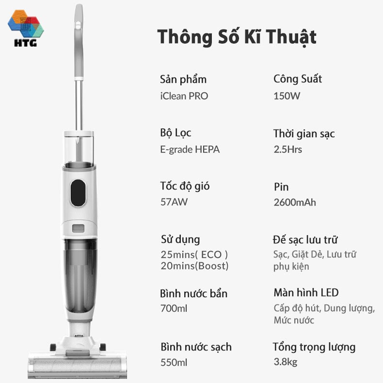 Máy hút bụi lau nhà airbot iClean Pro tích hợp tự động giặt Dẻ, 3 công việc trong 1, hút và lau chuyên sâu, hàng chính hãng