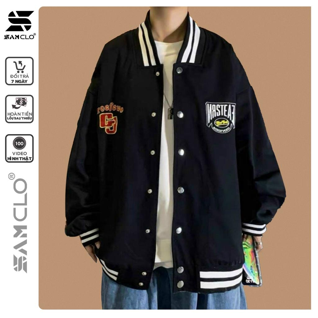 Áo khoác dù 2 lớp nam nữ SAM CLO - Áo khoác gió bomber phong cách bóng chày form rộng unisex mặc cặp - couple bst đen II