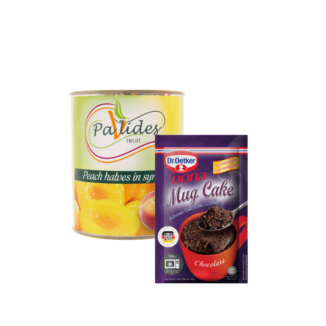 COMBO 1 Hộp Bột Làm Bánh Mug Cake Socola Dr. Oetker 50g + 1 Lon Đào Ngâm Đường Pavlides 820g
