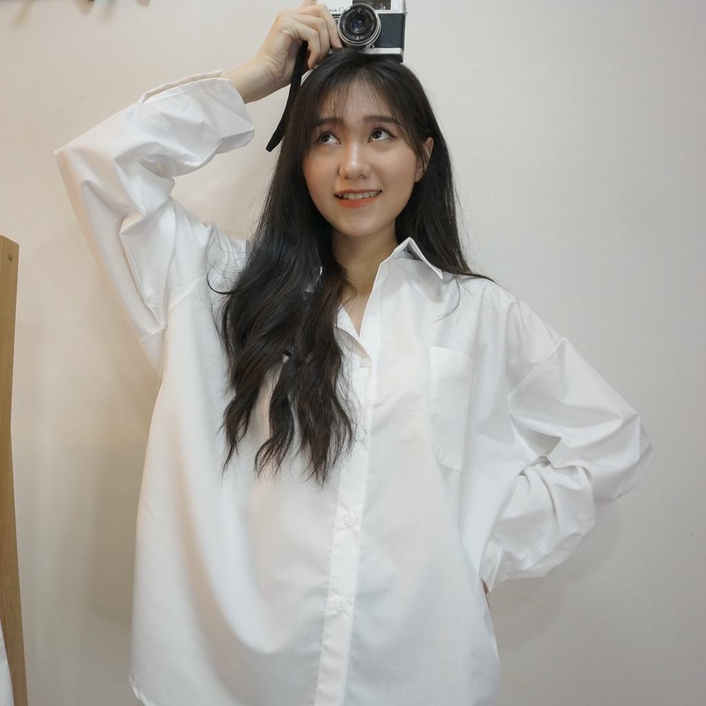 Áo sơ mi nữ form rộng, áo sơ mi trắng tay dài, vạt bầu, dáng suông, phong cách Hàn Quốc, thích hợp đi học và công sở