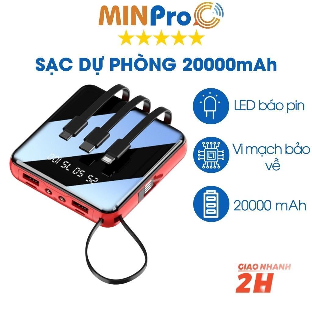 Pin sạc dự phòng 20000mAh mini, nhỏ gọn, tặng kèm dây cáp 3 đầu hình vuông - MINPRO