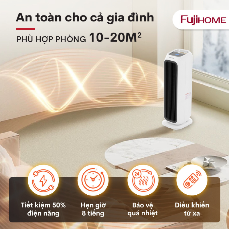 Quạt sưởi gốm để sàn FUJIHOME FH3000 điều khiển từ xa, Màn LCD hiển thị, Làm ấm cực nhanh, Hàng chính hãng bảo hành 24 tháng