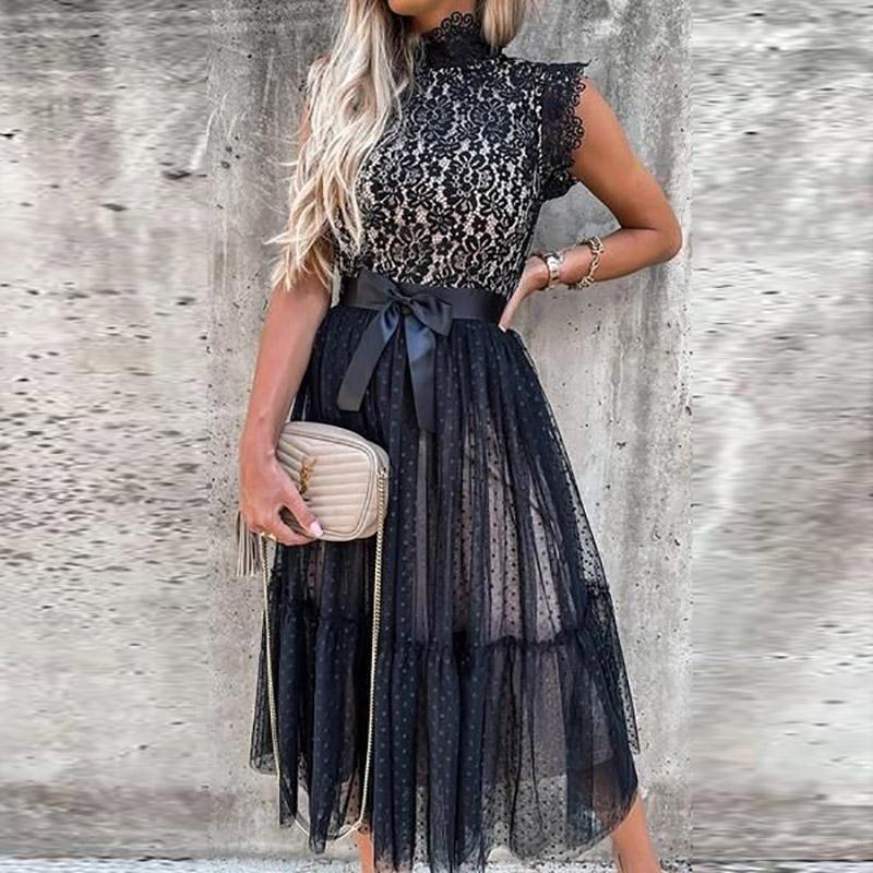 Thường Ngày SlimOffice Nữ Sang Trọng Đầm Mùa Hè Mới Ren Đơn Giản Đảng Nữ Áo Dài Gợi Cảm Dây Thắt Nơ Dây Chấm Bi áo In Hoa