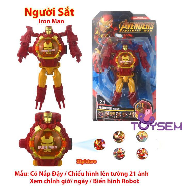 Đồng hồ biến hình siêu nhân chiếu tường xem được ngày giờ, Đồng hồ nhân vật hoạt hình người nhện, người sắt, Quà tặng sinh nhật cho bé