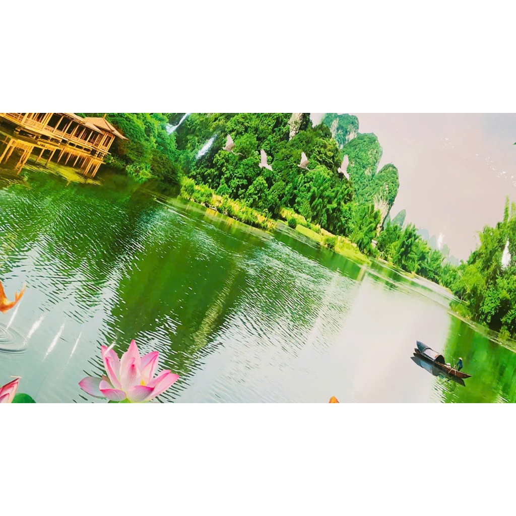 (ẢNH THẬT) Tranh dán tường 3d phong cảnh phong thuỷ hữu tình có sẵn keo( có in theo yêu cầu)
