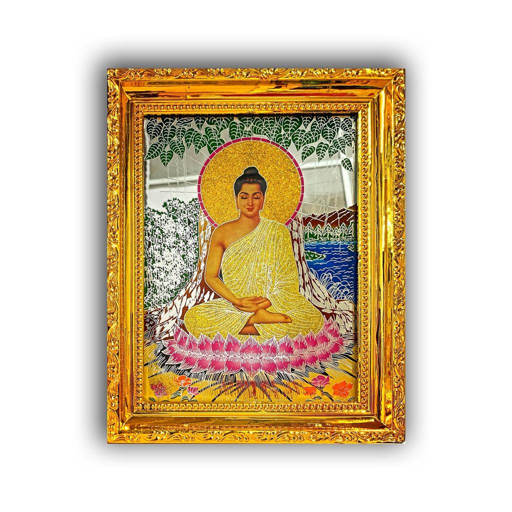 Tranh Kiếng Thích Ca Mâu Ni chạm - Nền Gương - Khung nhựa cứng loại tốt mạ vàng xi