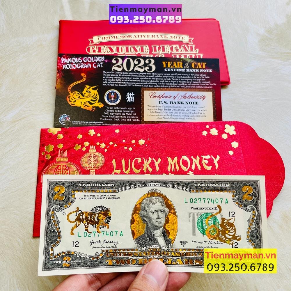 [GIÁ SỈ] Tiền 2 USD Hình Con Mèo Vàng 3D 2023 Lì Xì Tết, kèm bao da đỏ, sưu tầm lưu niệm, quà Tết, trang trí - NELI
