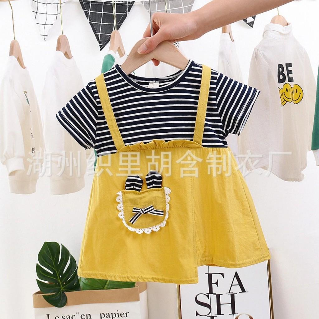 Váy Bé Gái Cotton Ngắn Tay , giả Yếm Sọc Hình Mèo