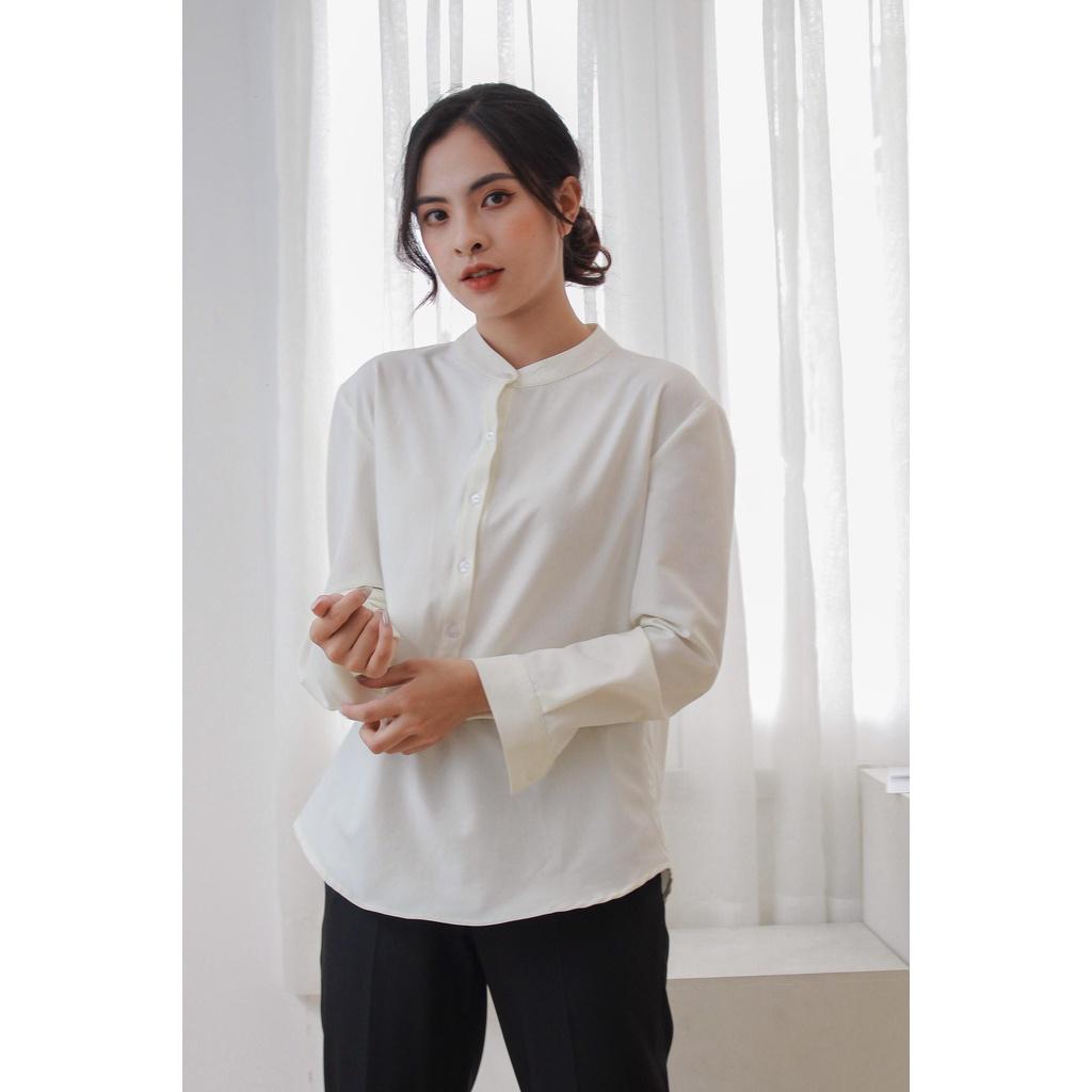 Áo sơ mi nữ công sở, sơ mi cổ trụ, áo nữ kiểu cổ tàu dáng basic, chất vải ít nhăn, mềm mát