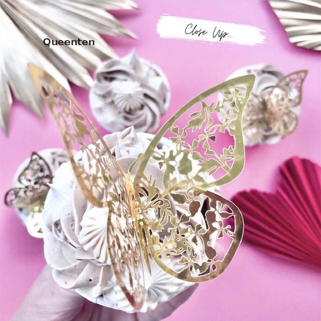 Queenten 12Pcs 3D Butterfly Metal Texture Paper Birthday Cake Topper Gold 3D Cake Topper QT